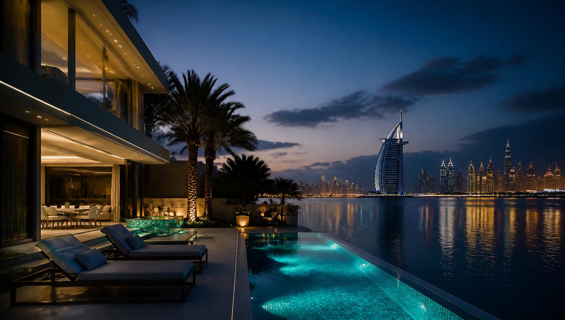 Luxury waterfront villa at dusk with the Dubai skyline beyond